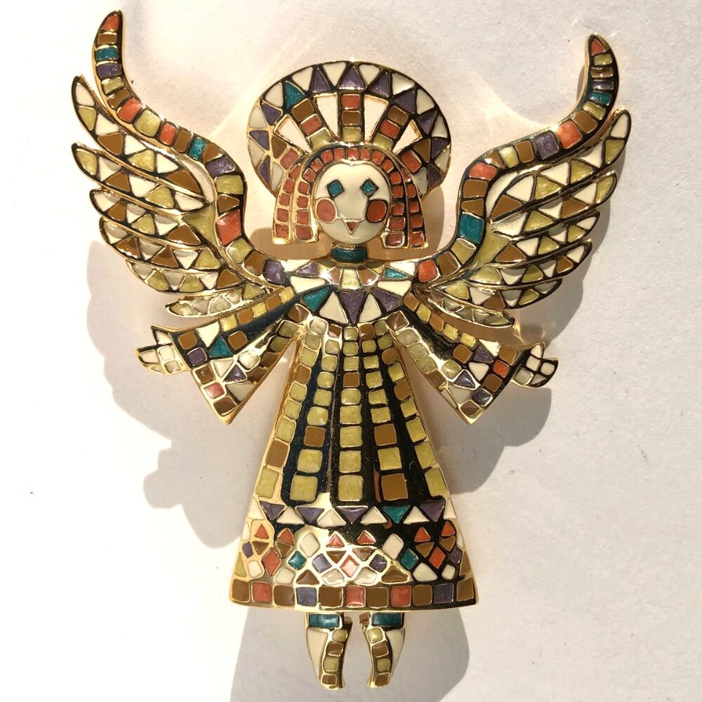 Bob Mackie Angel Pin Mosaic Enamel Gold Tone Brooch Guardian Angel Vintage 80s - Picture 13 of 16